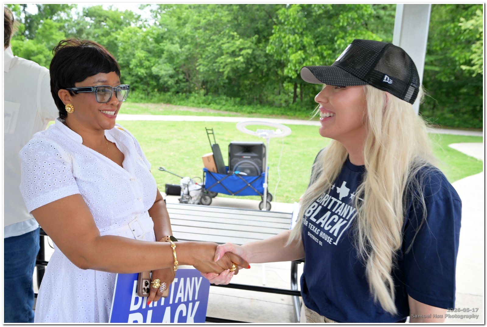 Brittany Black greeting a supporter at a campaign event